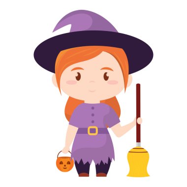 Şirin kawaii cadı kostümü Cadılar Bayramı Vektör illüstrasyonu