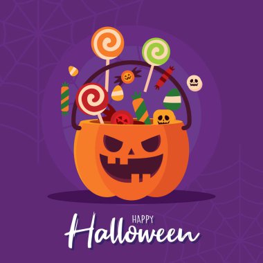 Cadılar bayramı poster şekerlemeleriniz kutlu olsun kabak sepeti vektör illüstrasyonu