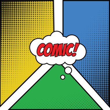 Yarım ton efektli renkli çizgi roman sayfası ve balon sohbet vektörü illüstrasyonu