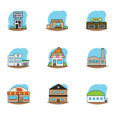 Farklı mağaza binası simgeleri vektör illüstrasyonları kümesi