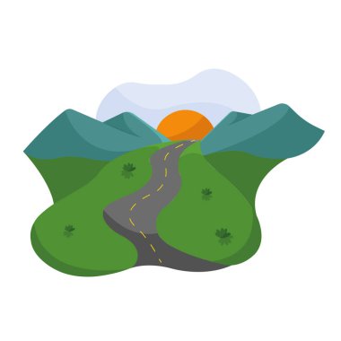 Bir yol ve tepelerle izole edilmiş doğal manzara. Vektör çizimi.