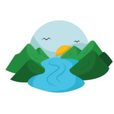 Ağaçlı renkli yaz manzarası ve bir nehir vektörü çizimi