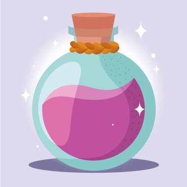 Parlak efektli tuhaf bir karikatür iksiri şişesi, Vektör çizimi.