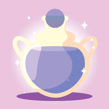 Parlak efektli tuhaf bir karikatür iksiri şişesi, Vektör çizimi.