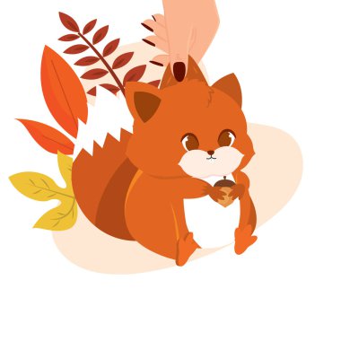 Sonbahar yapraklı sevimli sincap nazikçe elle tutuluyor, sonbahar tasarımları için mükemmel, Vektör illüstrasyonu