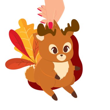 Güz yapraklı sevimli geyik nazikçe elle tutuluyor, sonbahar tasarımları için mükemmel, Vektör illüstrasyonu