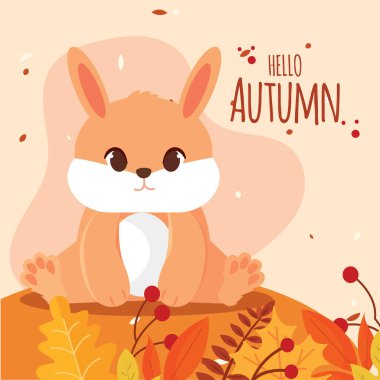 Sonbahar yapraklarının arasında oturan sevimli tavşan Hello Autumn metni, sonbahar tasarımları için mükemmel, Vektör illüstrasyonu