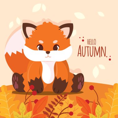 Sonbahar yaprakları arasında oturan sevimli tilki Hello Autumn metni, sonbahar tasarımları için mükemmel, Vektör illüstrasyonu