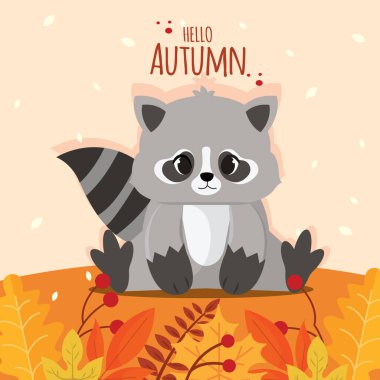 Sonbahar yaprakları arasında oturan sevimli rakun Hello Autumn metni, sonbahar tasarımları için mükemmel, Vektör illüstrasyonu