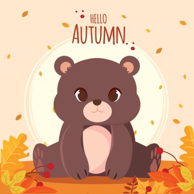 Sonbahar yaprakları arasında oturan sevimli ayı Hello Autumn metni, sonbahar tasarımları için mükemmel, Vektör illüstrasyonu