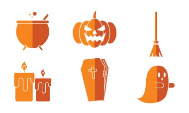 Koyu arkaplanda kabak, kazan ve turuncu süpürgeli Cadılar Bayramı deseni, Vektör illüstrasyonu