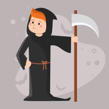 Elinde tırpanla Azrail gibi giyinmiş bir çocuğun resmi. Cadılar Bayramı için harika. Vektör illüstrasyonu.