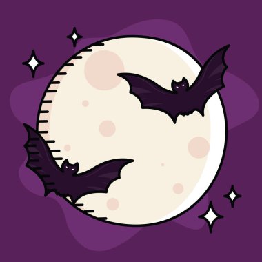 Illustration of bats flying around a full moon, perfect for Halloween night themes, Vector illustration clipart