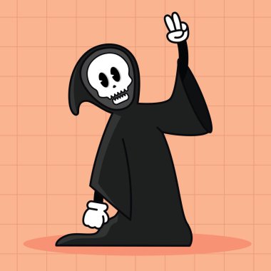 Siyah cüppeli Azrail karakteri barış işareti gösteriyor ve gülümsüyor, Vektör illüstrasyon