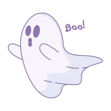 Yüzen sevimli karikatür hayaleti ve şaşırmış yüzüyle Boo diyor ki, Vektör illüstrasyonu