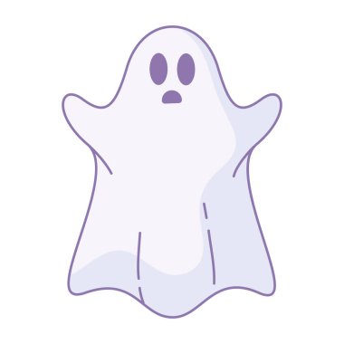 Şaşırmış bir ifadeyle sevimli çizgi film hayaleti korkuyla kollarını kaldırıyor, Vektör illüstrasyonu