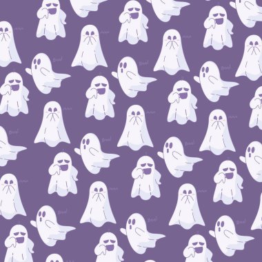 Boo metni ve neşeli ifadeli hayaletler, Vektör illüstrasyonlu komik karikatür deseni