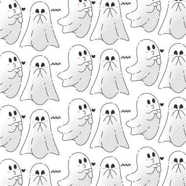 Öpüşen ve gülen hayaletlerle dolu sevimli bir çizgi film karakteri. Kalpli ve oyuncu ifadeli, vektör illüstrasyonlu.