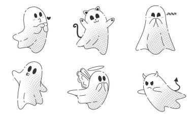 Cadılar Bayramı deseninde cadı ve Azrail hayaletleri oyuncu ve ürkütücü bir tasarım olan Vektör illüstrasyonunda yer alıyor.