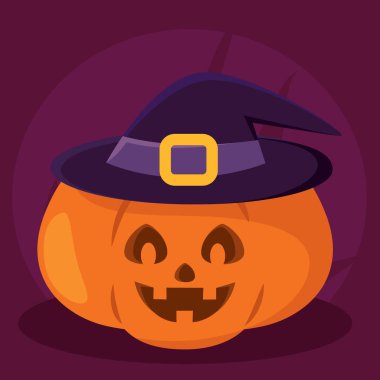 Cadı şapkası takan balkabağı Jack. Cadılar Bayramı için mükemmel bir tasarım. Vektör çizimi.