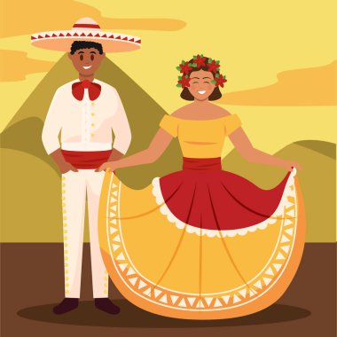 Charro ve folklor kostümlü gülümseyen Meksikalı çift doğada duruyor.