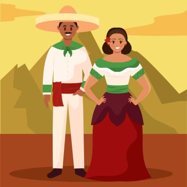 Geleneksel folk ve charro kostümlü Meksikalı çift çölde gülümsüyor.