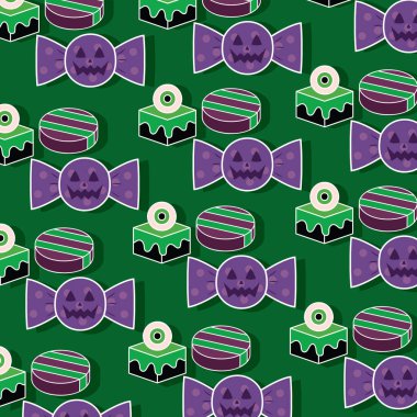 Eflatun balkabağı fenerleri ve yeşil gözbebeği keklerinden oluşan kusursuz Cadılar Bayramı deseni. Vektör çizimi