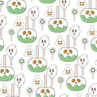 Karamelli elmalı kusursuz Cadılar Bayramı şablonu, hayalet buzlu şekerler ve balkabağı torbalı Vektör çizimleri.