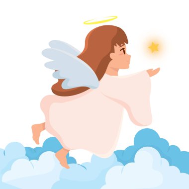 Bulutların arasında uçan sevimli melek yıldız vektörü çizimi tutuyor.