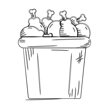 Elle çizilmiş tavuk kovası ve but çubuğu vektör çizimi.