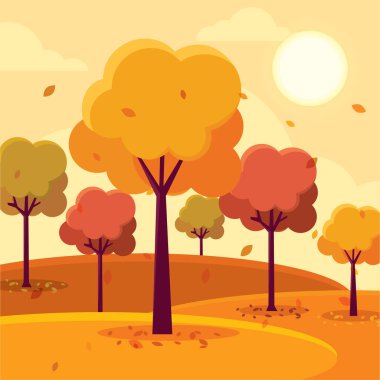 Güneşli sonbahar manzarası, ağaçlar, düşen yapraklar, ve ılık turuncu renkler, Vektör illüstrasyonu