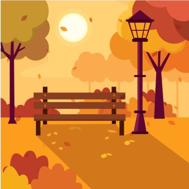 Bir ağacın altında bir park bankı ve düşen yapraklı bir sokak lambası olan sonbahar sahnesi, Vektör illüstrasyonu