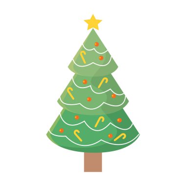 Renkli süslerle süslenmiş basit bir Noel ağacı ve üstünde bir yıldız, Vektör illüstrasyonu