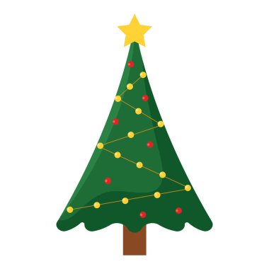 Renkli süslerle süslenmiş basit bir Noel ağacı ve üstünde bir yıldız, Vektör illüstrasyonu