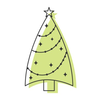 Minimalist Christmas tree with string lights and star on top in a simple design, Vector illustration clipart