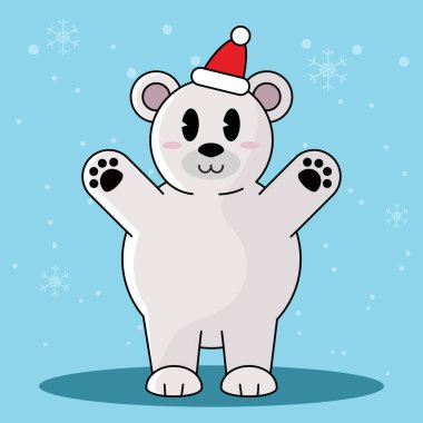 Dost canlısı kutup ayısı Noel Baba şapkası takıyor, kollarını açıp neşe saçıyor,