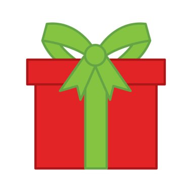 Yeşil kurdeleli ve yay illüstrasyonlu kırmızı Noel hediye kutusu.