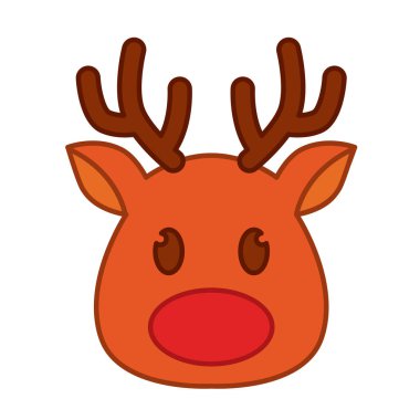 Geyik yüzlü, kahverengi boynuzlu ve Noel Vektörü çizimi için parlak kırmızı burunlu.