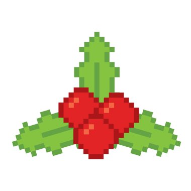 Yeşil pikselli kutsal yapraklar Noel tasarımları için parlak kırmızı böğürtlenlerle Vektör illüstrasyonu