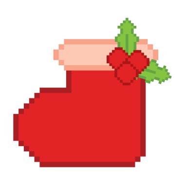 Kırmızı pikselli Noel çorapları yeşil kutsal yapraklar ve kırmızı böğürtlen örnekleri ile süslenmiş.