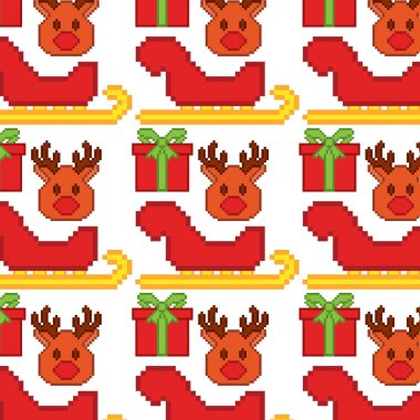Kırmızı kızaklar, ren geyiği yüzleri ve beyaz arkaplan vektör illüstrasyonunda hediyeler içeren şenlikli desen.