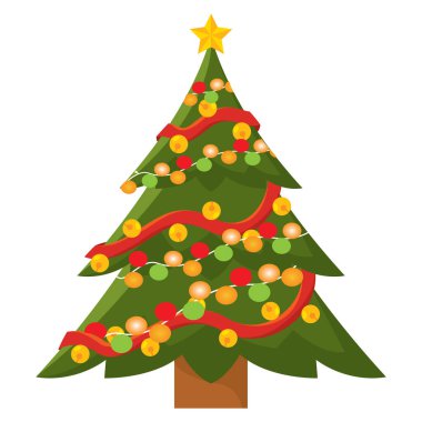 Renkli süslerle süslenmiş Noel ağacı, sicim ışıkları ve yıldız süslemesi.