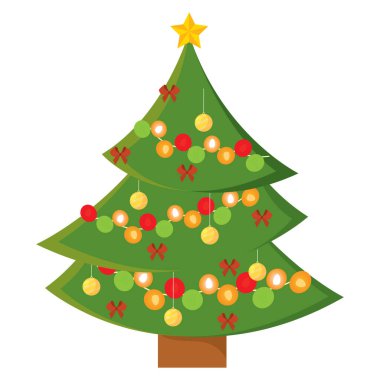 Renkli süslerle süslenmiş Noel ağacı, sicim ışıkları ve yıldız süslemesi.