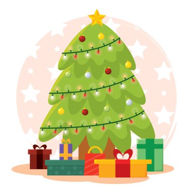 Süslerle süslenmiş Noel ağacı, sicim ışıkları ve Vektör illüstrasyonunun altında renkli hediyeler