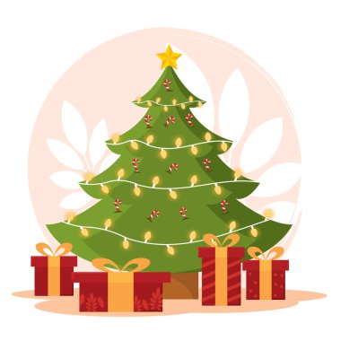 Süslerle süslenmiş Noel ağacı, sicim ışıkları ve Vektör illüstrasyonunun altında renkli hediyeler