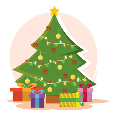 Süslerle süslenmiş Noel ağacı, sicim ışıkları ve Vektör illüstrasyonunun altında renkli hediyeler