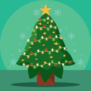 Kar çelenkleri, renkli süsler ve altın yıldız süslemeleri olan yeşil Noel ağacı.