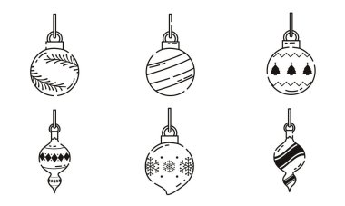 Kar taneleri, çizgiler ve dalga vektörü illüstrasyonunun yer aldığı siyah beyaz Noel süsleme serisi.