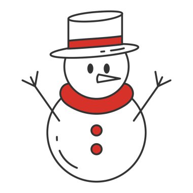 Kış tatili için kırmızı atkı ve beyaz silindir şapka takan kardan adam çizgi filmi.