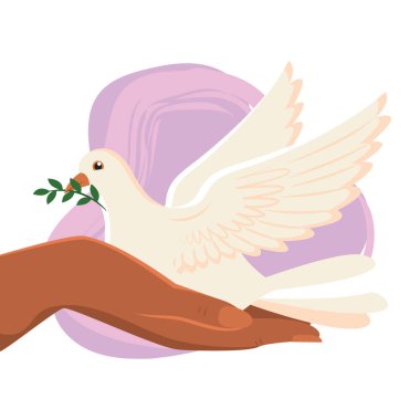 Elinde mor arkaplan vektör illüstrasyonuyla zeytin dalı taşıyan barışçıl güvercin.